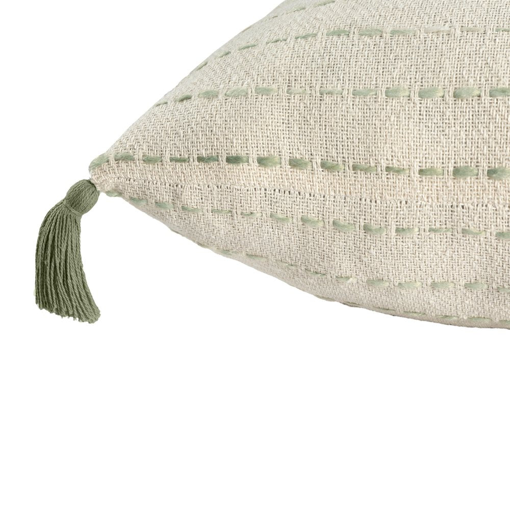 20" Sage And Ivory Striped Cotton Blend Throw Pillow with Tassels — view 4