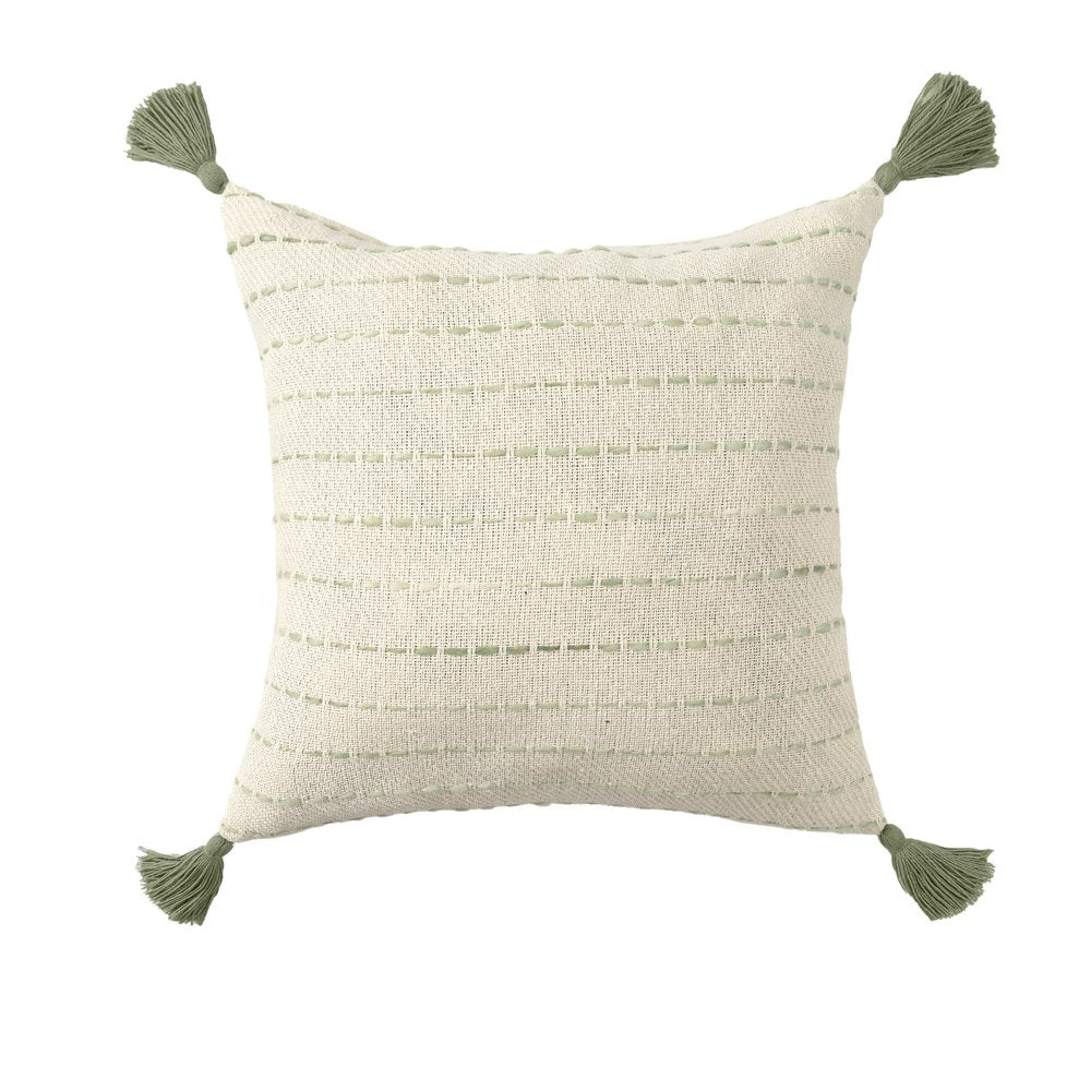 20" Sage And Ivory Striped Cotton Blend Throw Pillow with Tassels