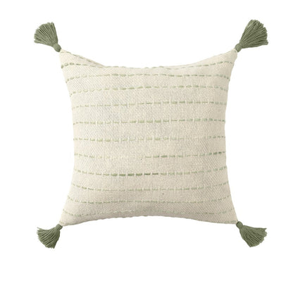 20" Sage And Ivory Striped Cotton Blend Throw Pillow with Tassels