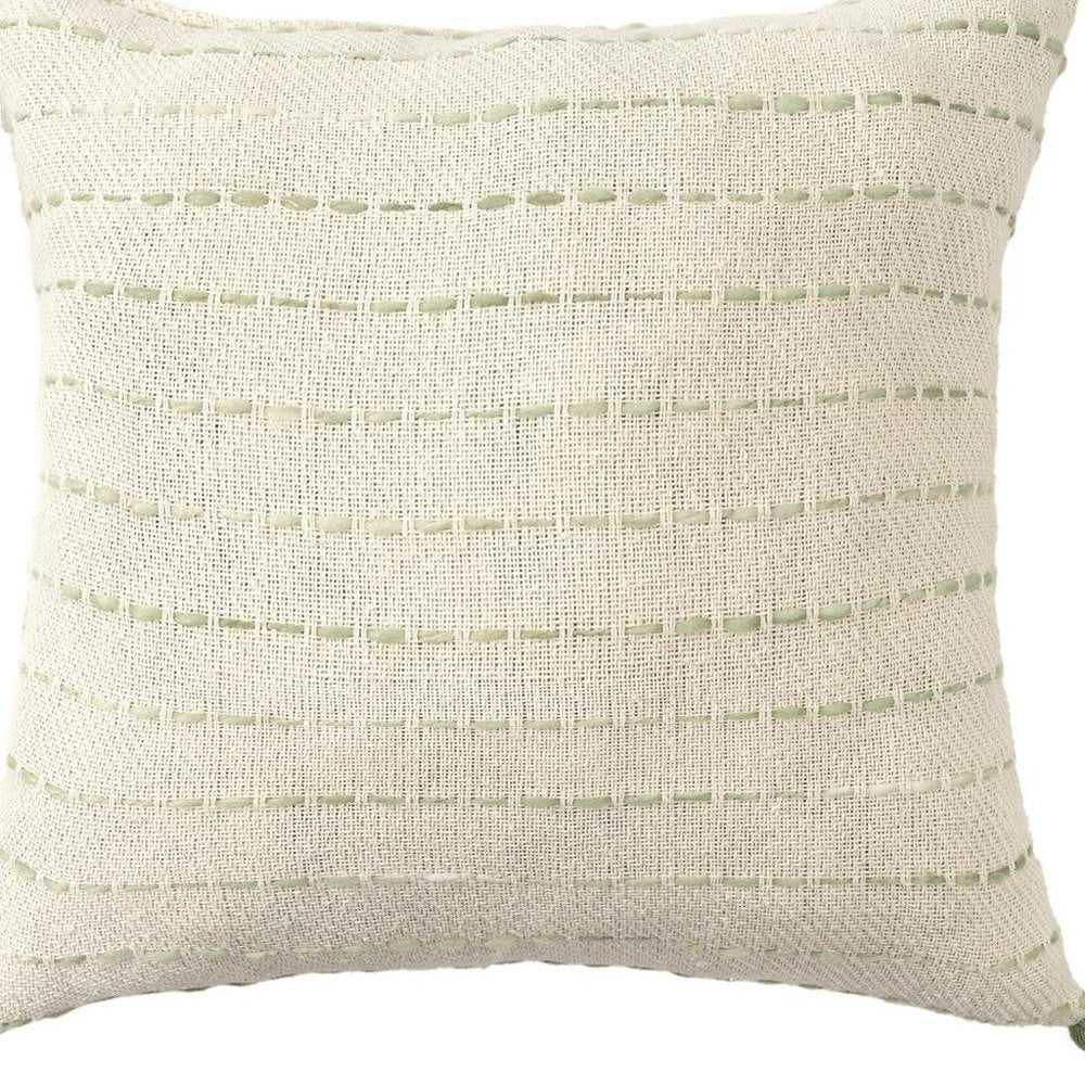 20" Sage And Ivory Striped Cotton Blend Throw Pillow with Tassels — view 7