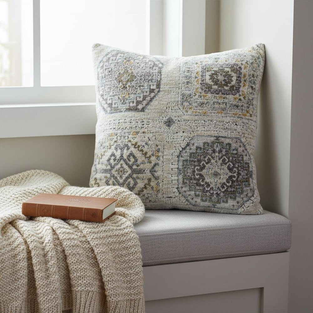 20" Light Gray And Ivory Medallion Throw Pillow — view 9