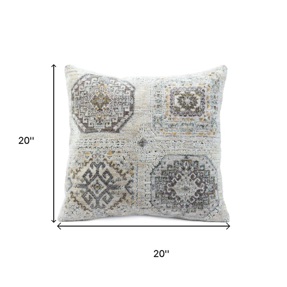 20" Light Gray And Ivory Medallion Throw Pillow — view 7