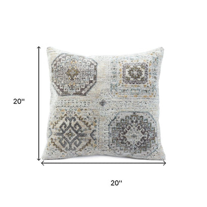 20" Light Gray And Ivory Medallion Throw Pillow