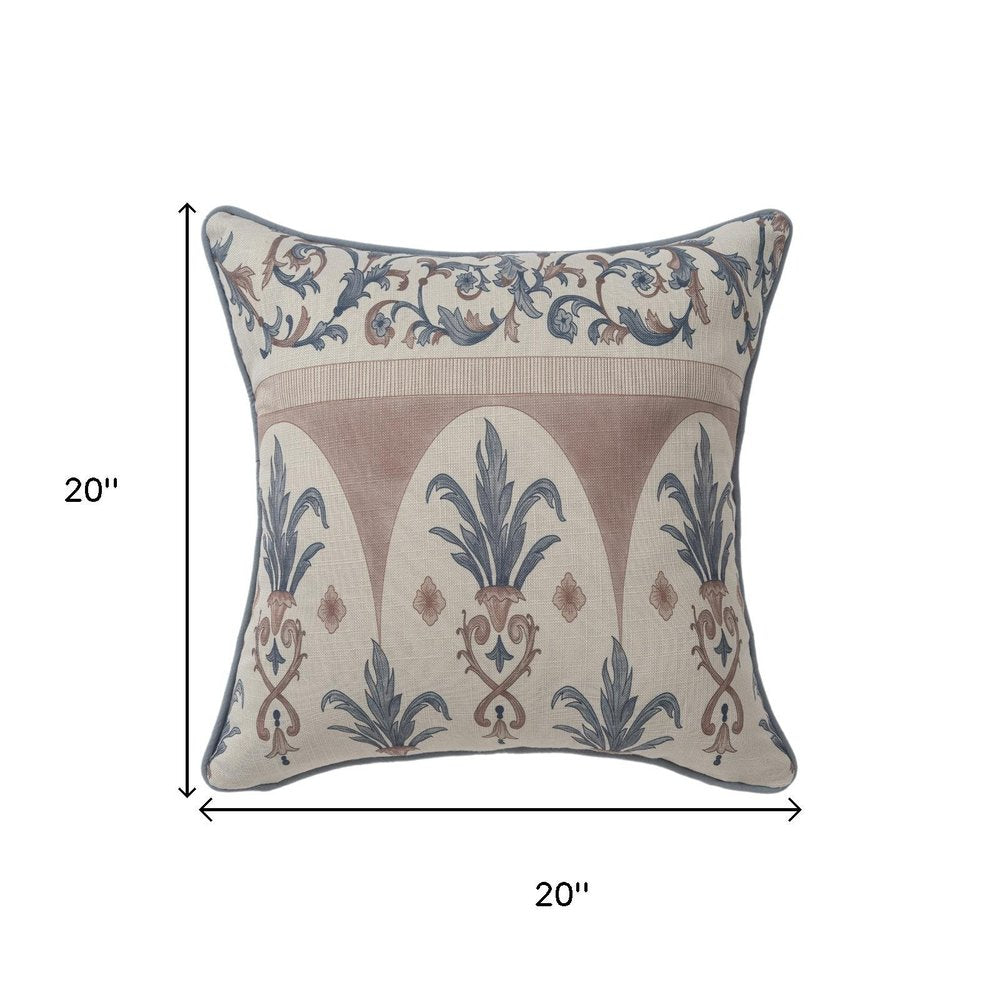 20" Blue And Brown Damask Recycled Poly Linen Throw Pillow