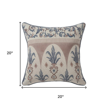 20" Blue And Brown Damask Recycled Poly Linen Throw Pillow