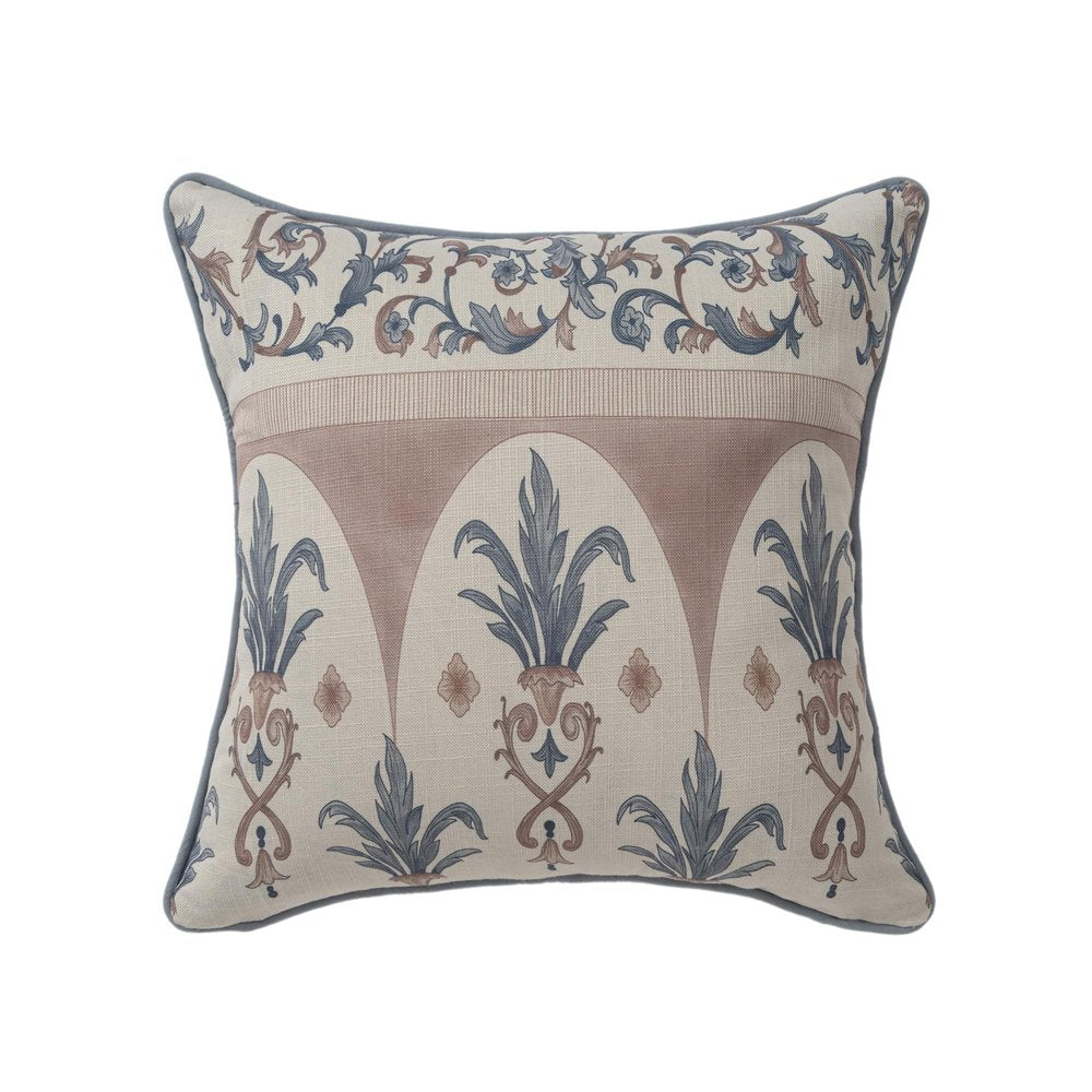 20" Blue And Brown Damask Recycled Poly Linen Throw Pillow — view 1