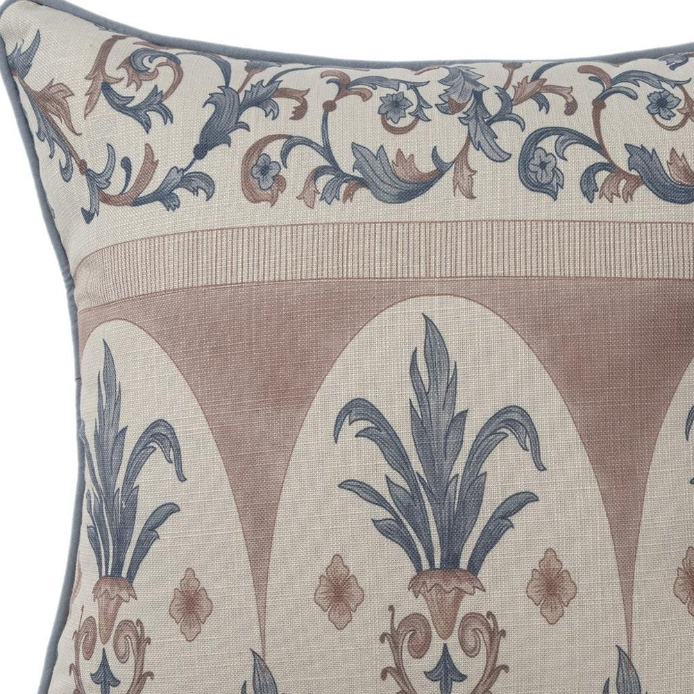 20" Blue And Brown Damask Recycled Poly Linen Throw Pillow