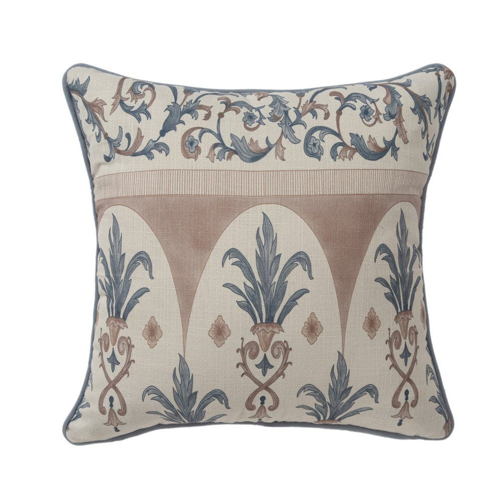 20" Blue And Brown Damask Recycled Poly Linen Throw Pillow — view 4