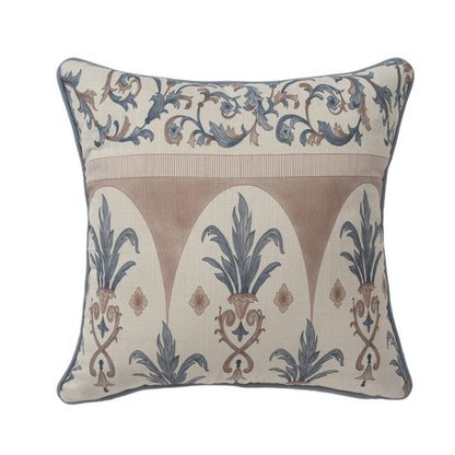 20" Blue And Brown Damask Recycled Poly Linen Throw Pillow