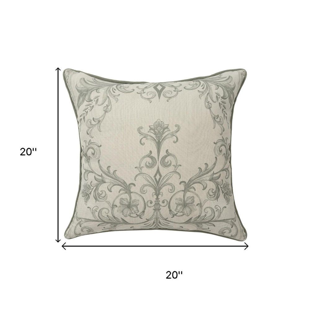 20" Sage And Ivory Damask Recycled Poly Linen Throw Pillow