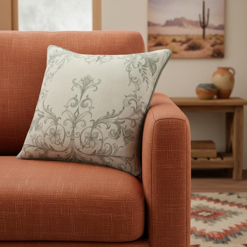 20" Sage And Ivory Damask Recycled Poly Linen Throw Pillow — view 8