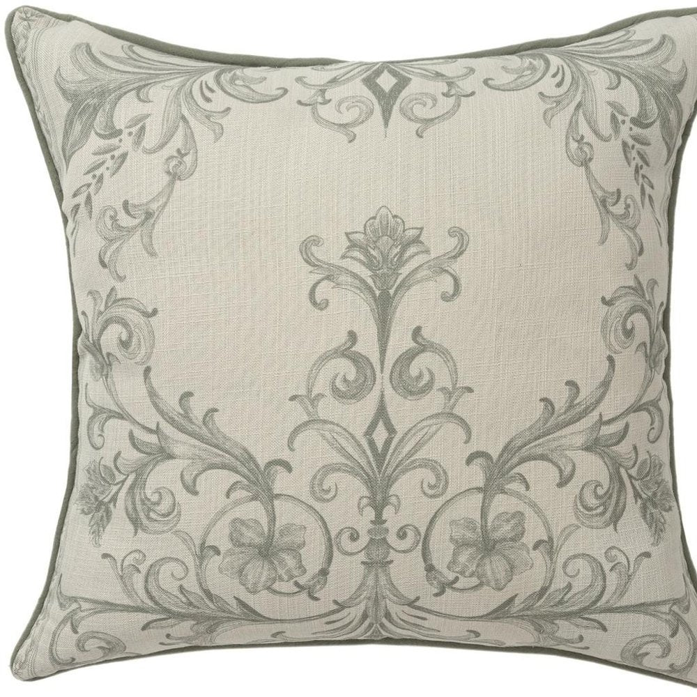 20" Sage And Ivory Damask Recycled Poly Linen Throw Pillow — view 6