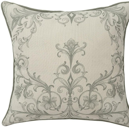 20" Sage And Ivory Damask Recycled Poly Linen Throw Pillow