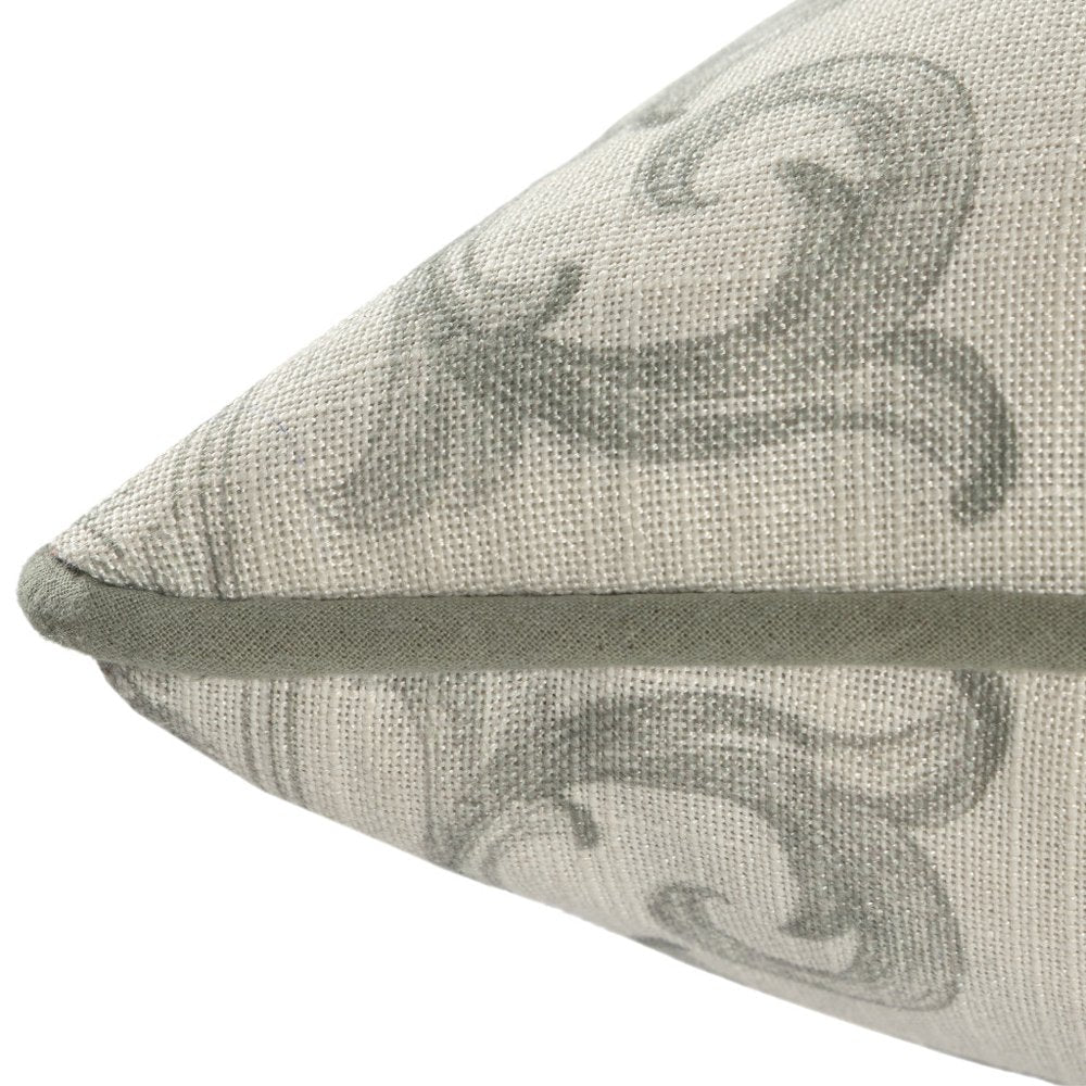 20" Sage And Ivory Damask Recycled Poly Linen Throw Pillow