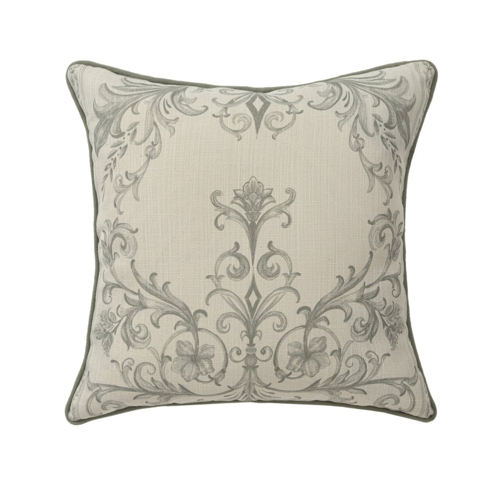 20" Sage And Ivory Damask Recycled Poly Linen Throw Pillow