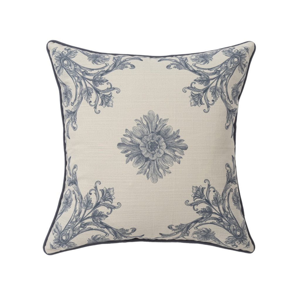 20" Blue And Ivory Floral Recycled Poly Linen Throw Pillow