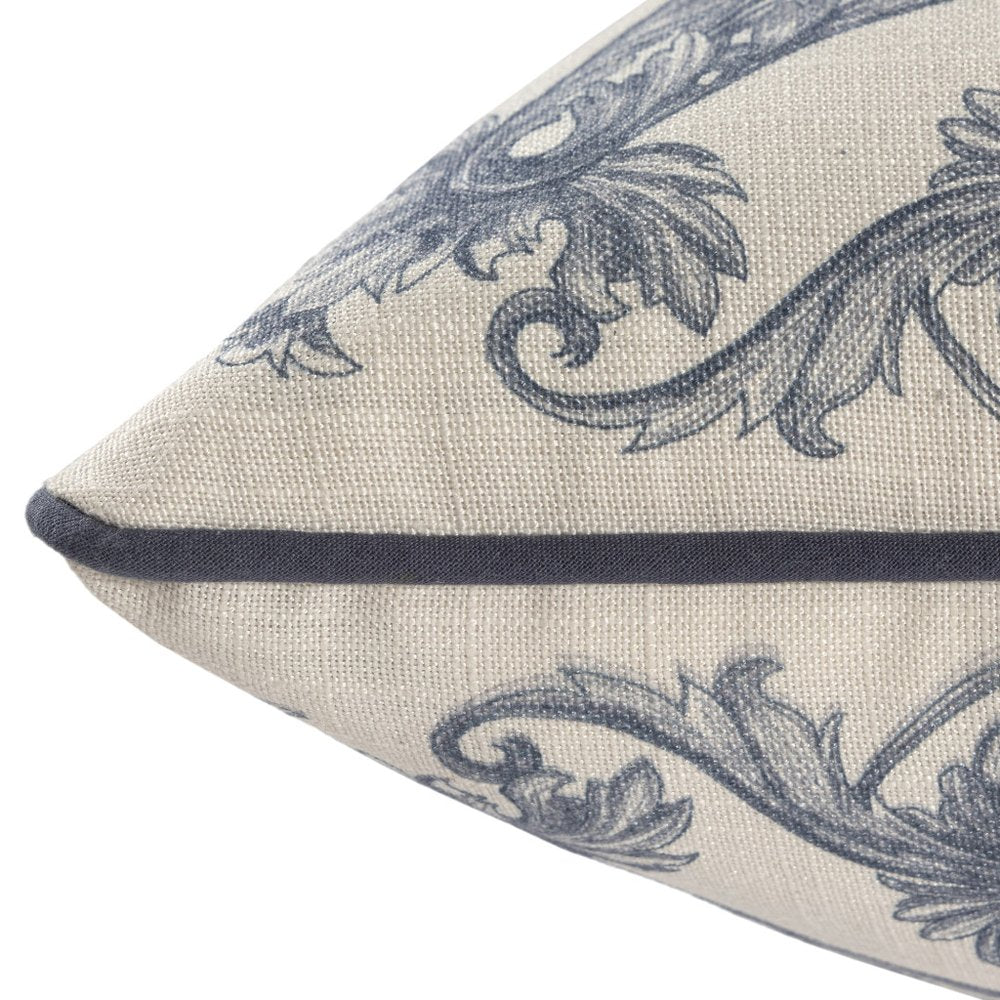 20" Blue And Ivory Floral Recycled Poly Linen Throw Pillow