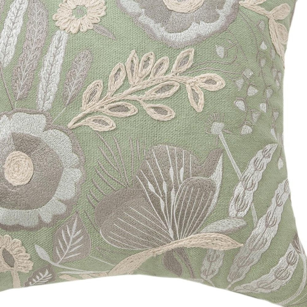 20" Green And Ivory Floral Cotton Throw Pillow