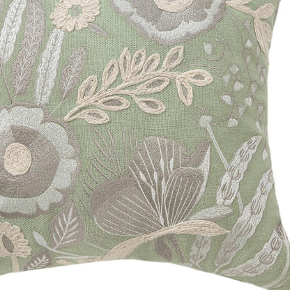 20" Green And Ivory Floral Cotton Throw Pillow