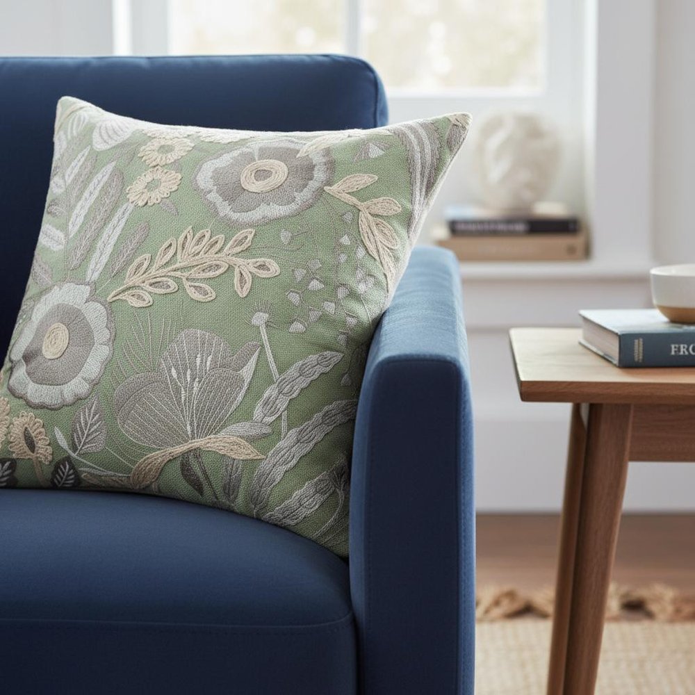 20" Green And Ivory Floral Cotton Throw Pillow — view 9