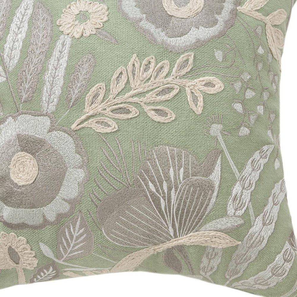 24" Green And Ivory Floral Cotton Throw Pillow