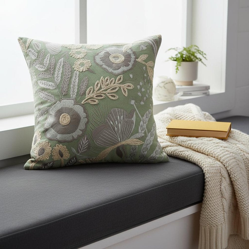 24" Green And Ivory Floral Cotton Throw Pillow — view 10