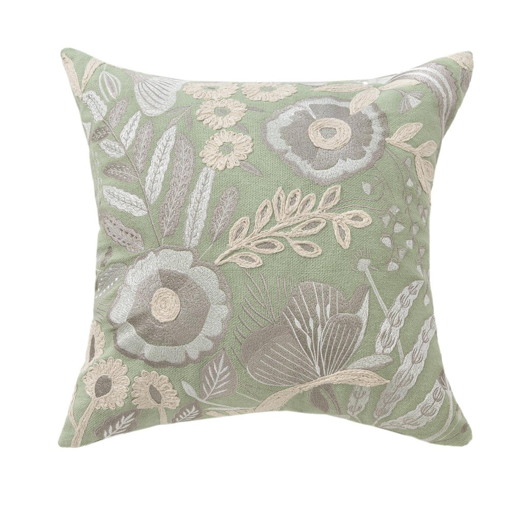 24" Green And Ivory Floral Cotton Throw Pillow