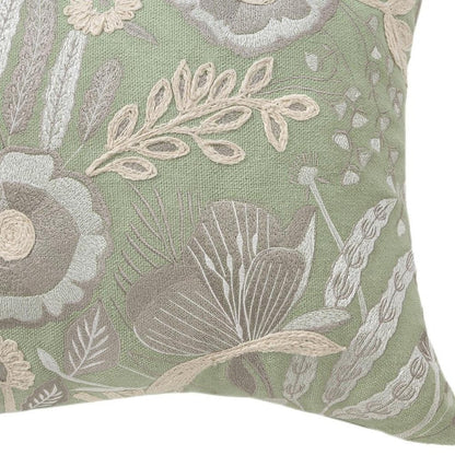 24" Green And Ivory Floral Cotton Throw Pillow