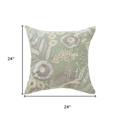 24" Green And Ivory Floral Cotton Throw Pillow