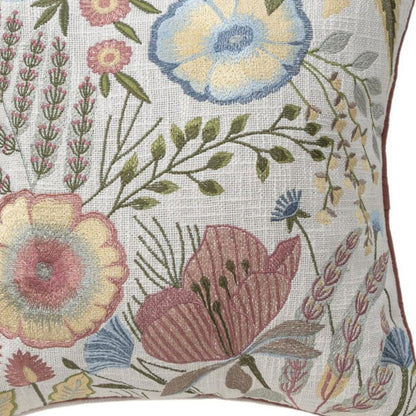 20" Ivory Slate Blue Terra Cotta And Sage Floral Cotton Throw Pillow