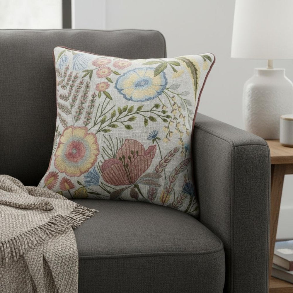 20" Ivory Slate Blue Terra Cotta And Sage Floral Cotton Throw Pillow — view 10