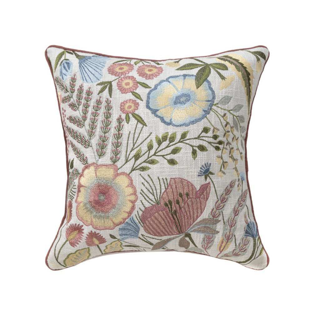 20" Ivory Slate Blue Terra Cotta And Sage Floral Cotton Throw Pillow