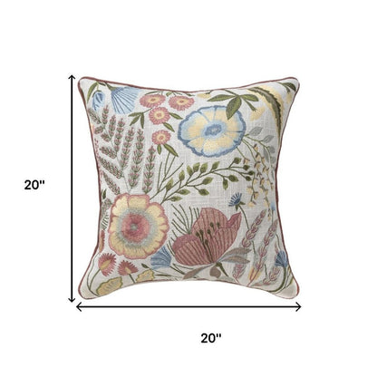 20" Ivory Slate Blue Terra Cotta And Sage Floral Cotton Throw Pillow
