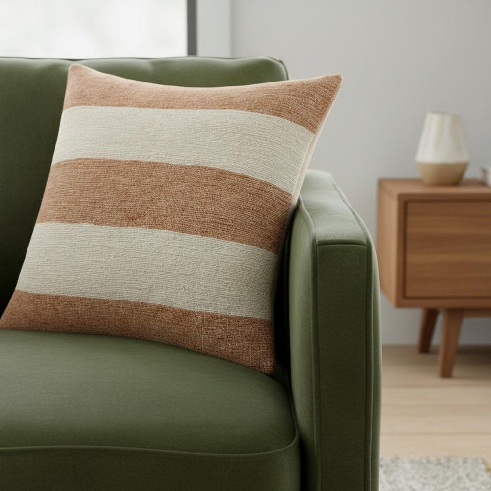 24" Rust And Ivory Striped Linen Blend Throw Pillow — view 9