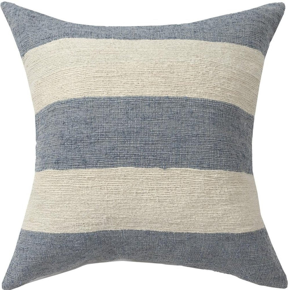 24" Blue And Ivory Striped Linen Blend Throw Pillow