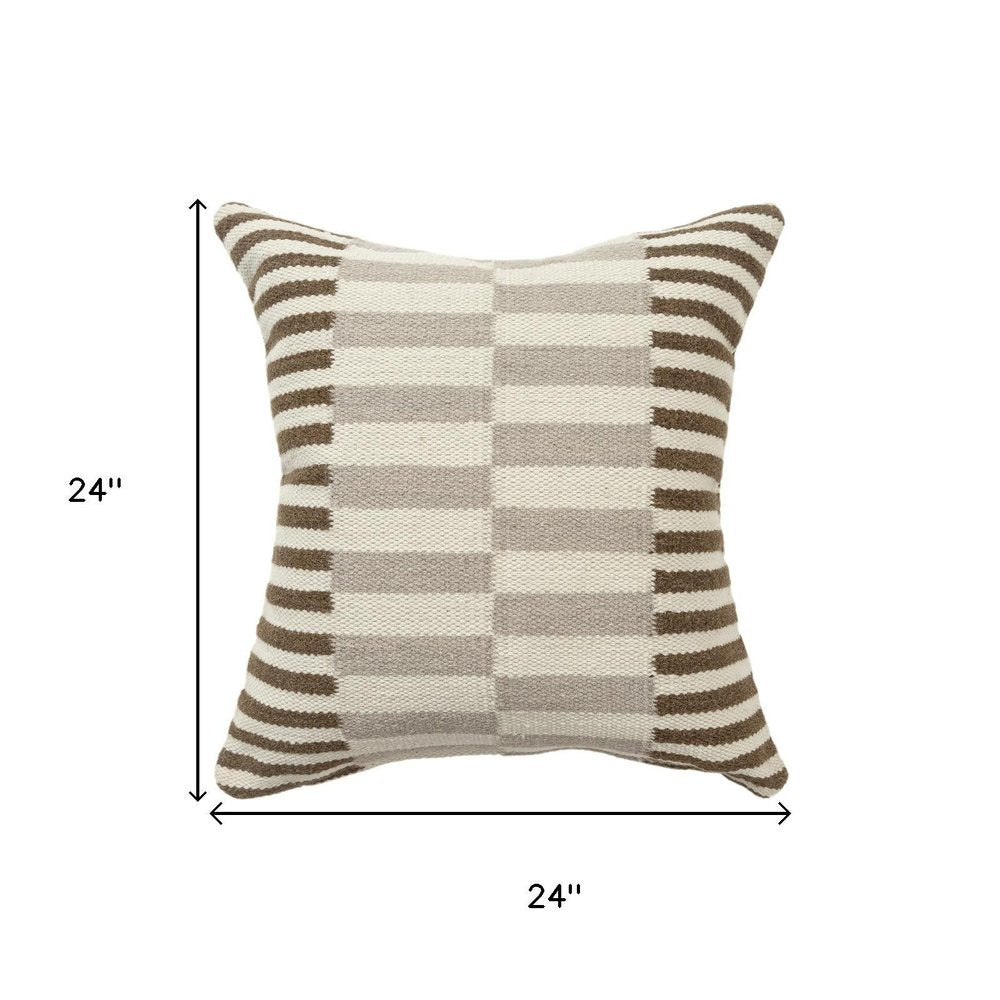24" Beige Brown And Gray Striped Wool Blend Throw Pillow