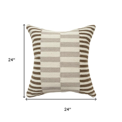 24" Beige Brown And Gray Striped Wool Blend Throw Pillow