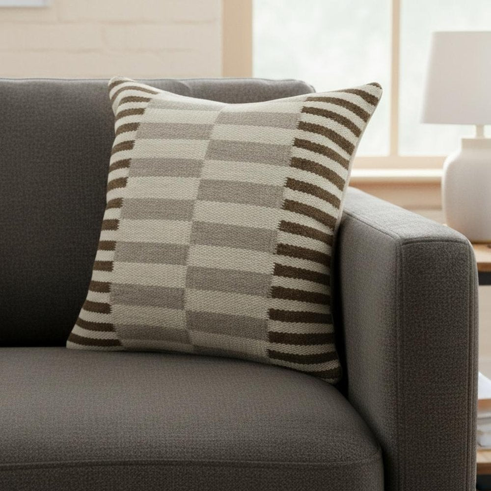 24" Beige Brown And Gray Striped Wool Blend Throw Pillow — view 11