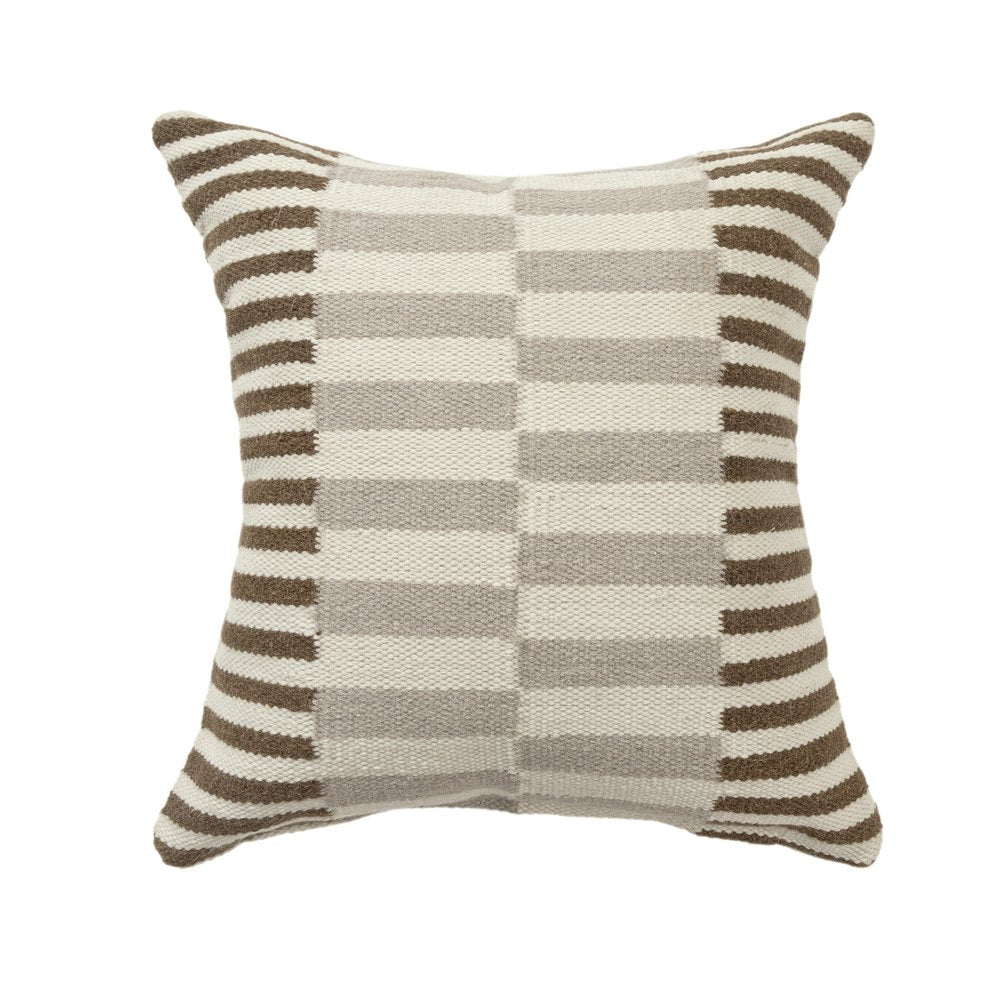 24" Beige Brown And Gray Striped Wool Blend Throw Pillow