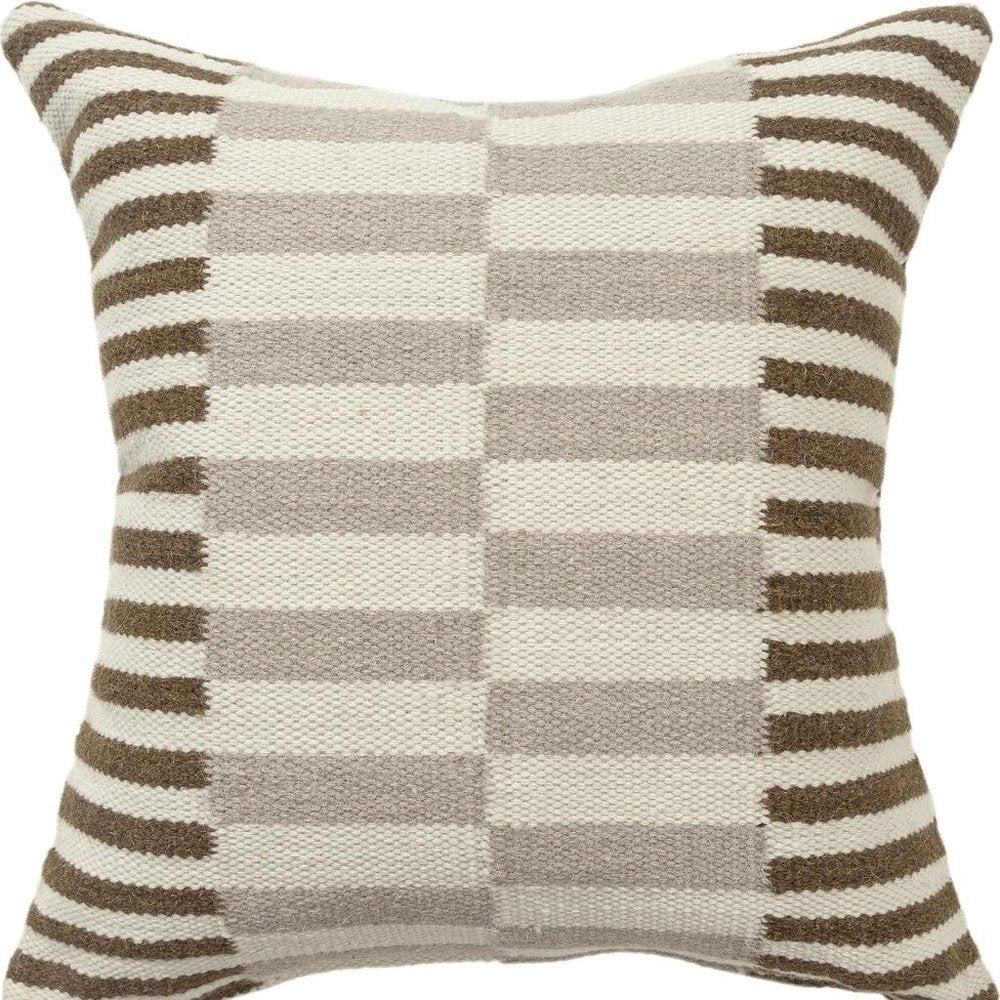 24" Beige Brown And Gray Striped Wool Blend Throw Pillow — view 8