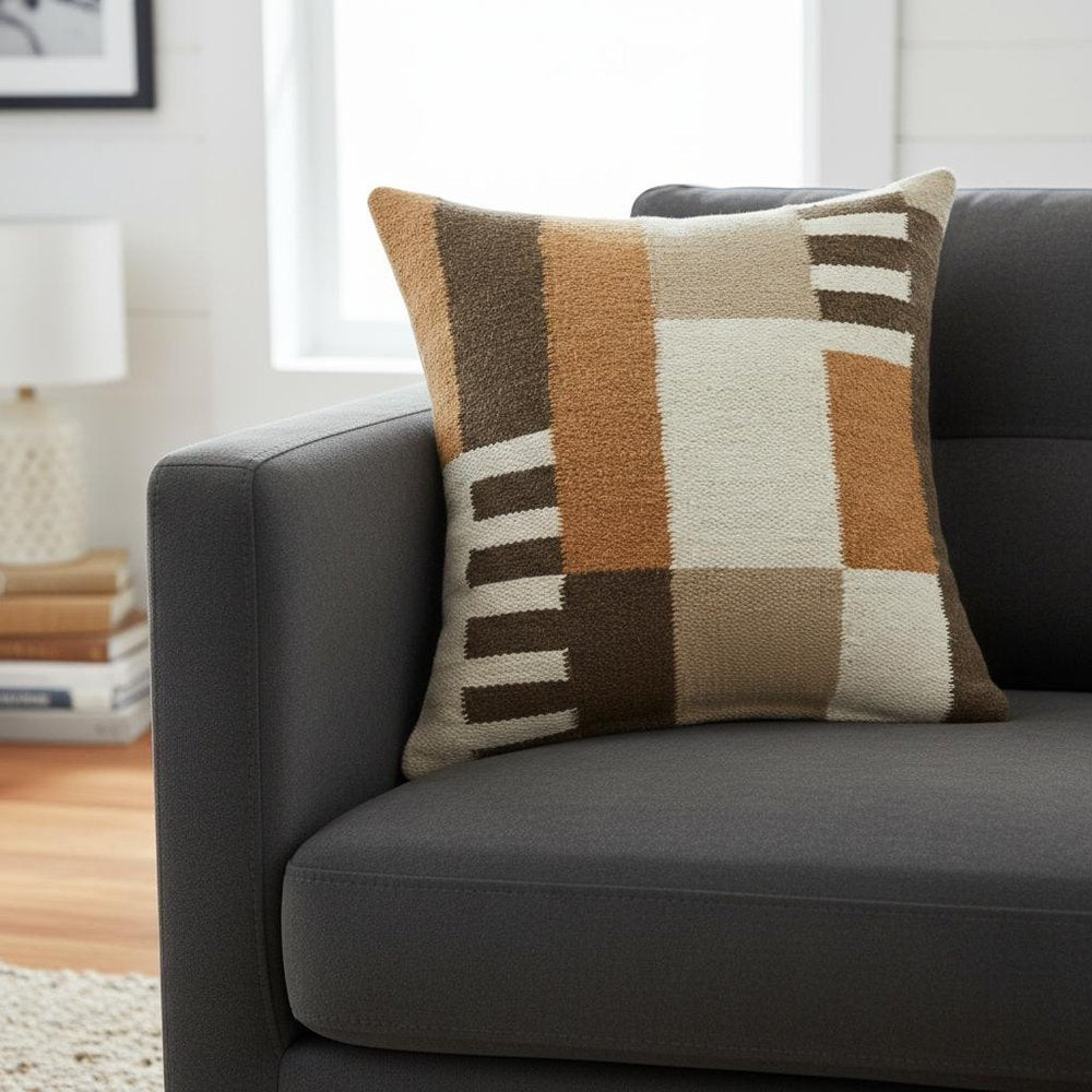 24" Beige Brown And Orange Geometric Wool Blend Throw Pillow — view 9