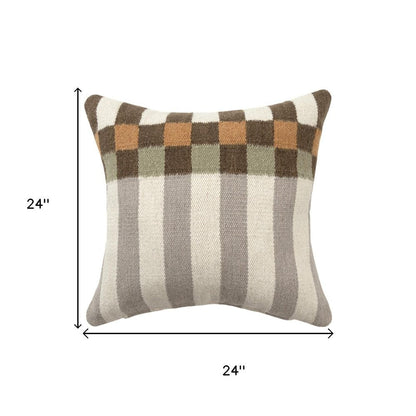 24" Beige Brown Burnt Orange And Gray Geometric Wool Blend Throw Pillow