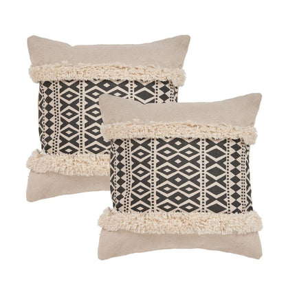 Set of Two 18" Black And Natural Abstract Cotton Throw Pillows with Tufts