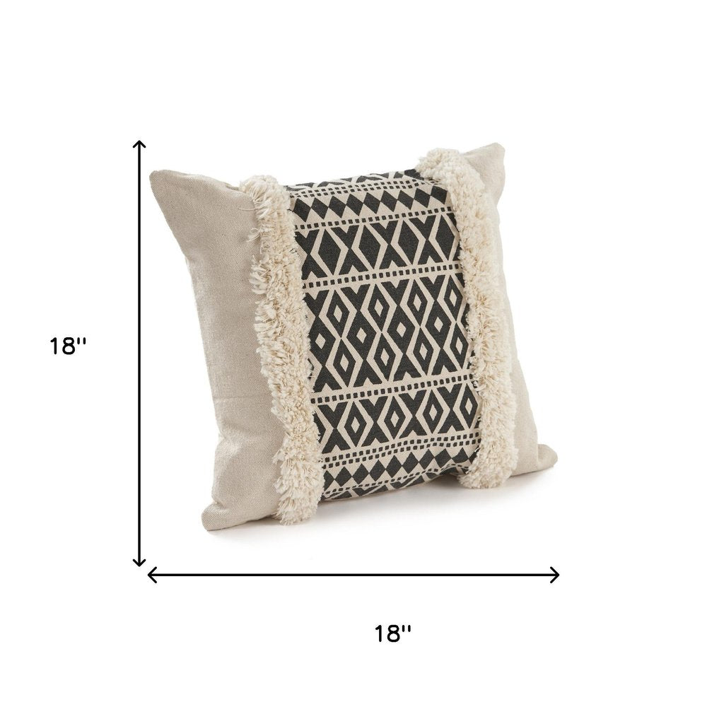 Set of Two 18" Black And Natural Abstract Cotton Throw Pillows with Tufts
