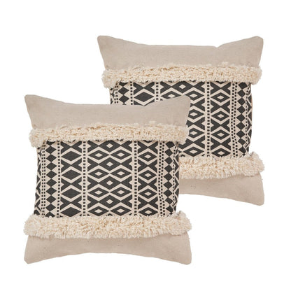 Set of Two 18" Black And Natural Abstract Cotton Throw Pillows with Tufts