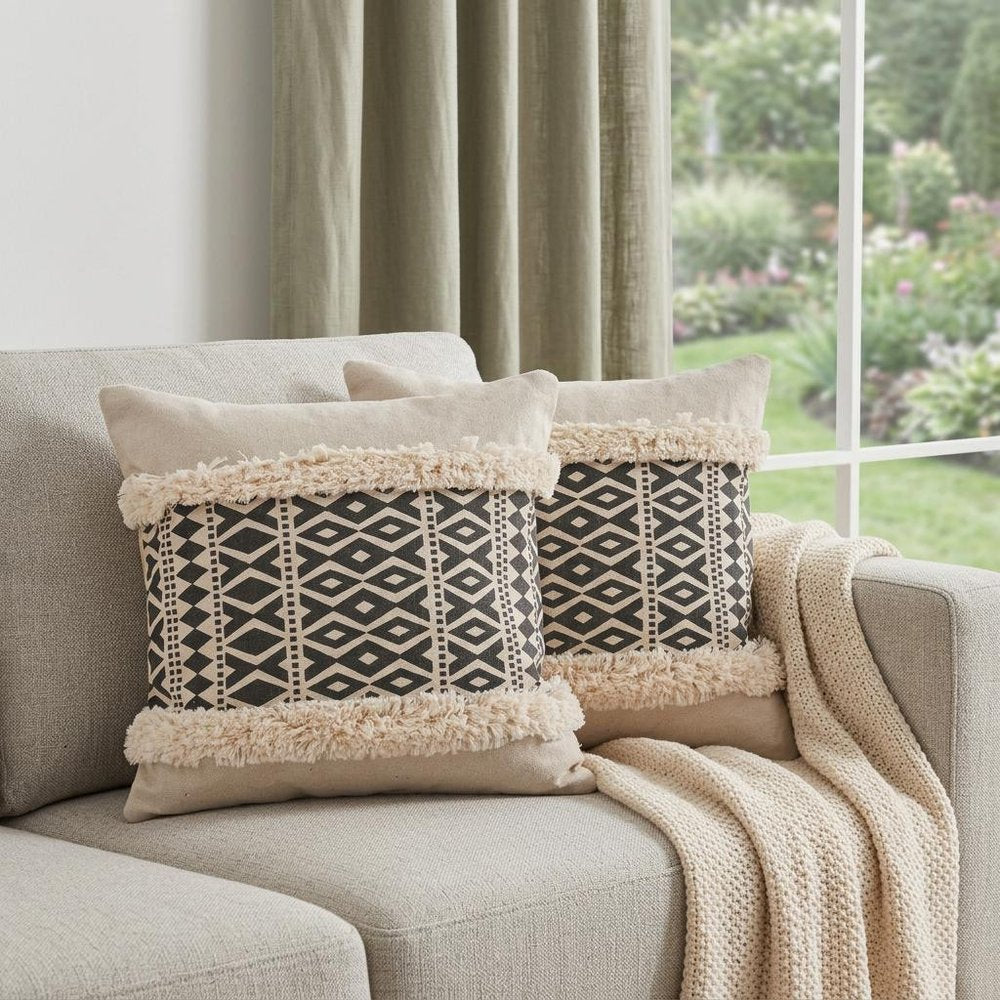 Set of Two 18" Black And Natural Abstract Cotton Throw Pillows with Tufts — view 7