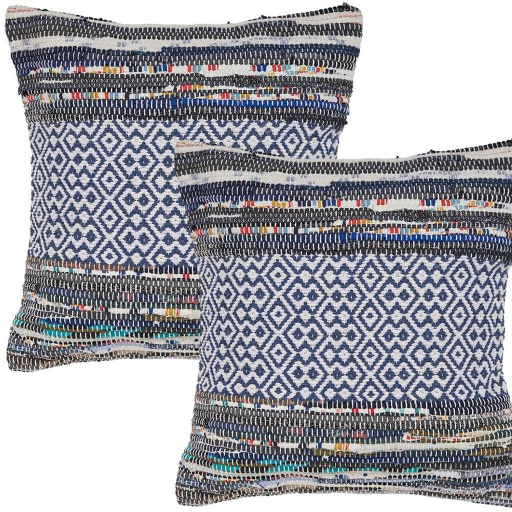 Set of Two 18" Gray And Blue Striped Cotton Blend Throw Pillows with Texture