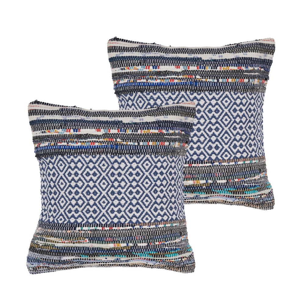 Set of Two 18" Gray And Blue Striped Cotton Blend Throw Pillows with Texture