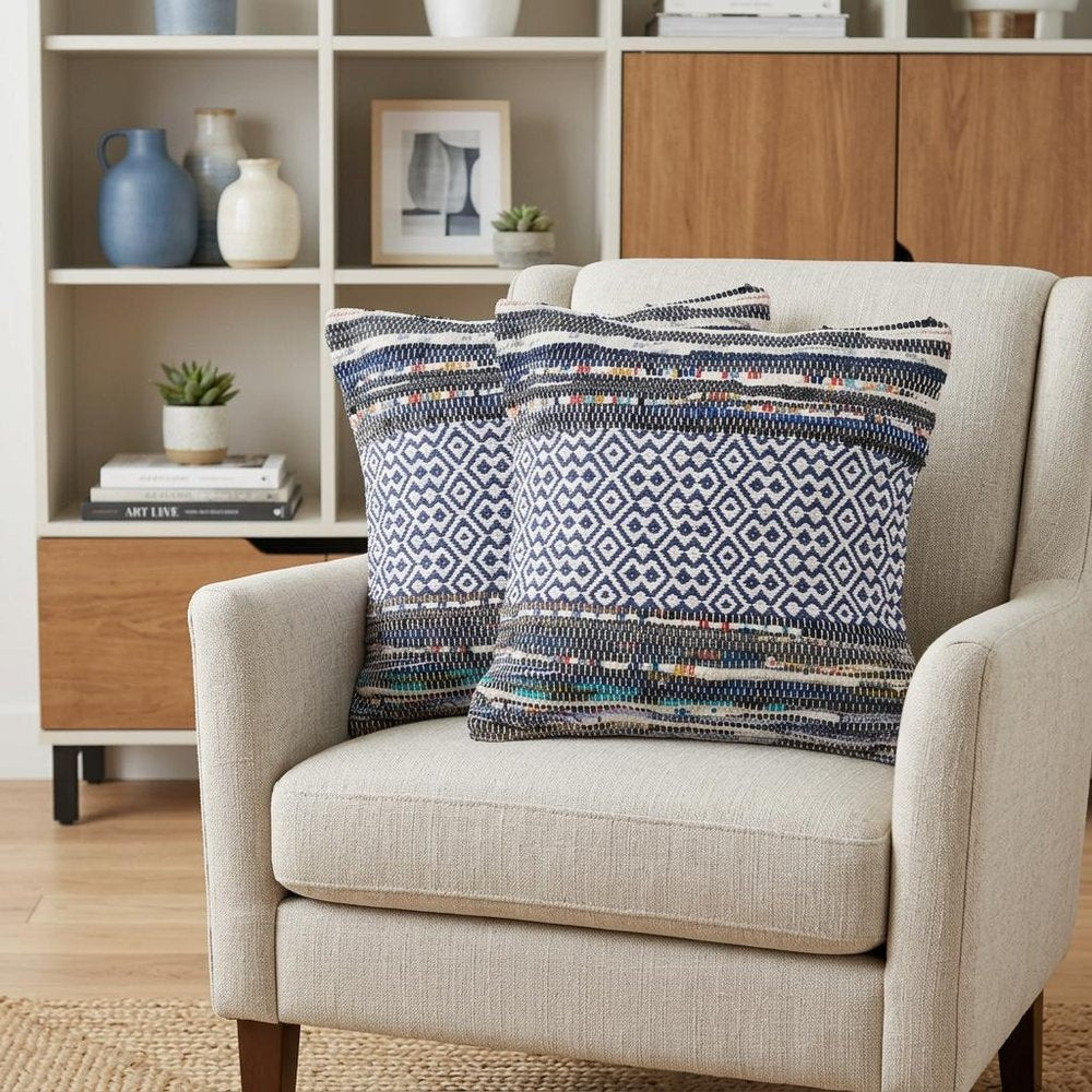 Set of Two 18" Gray And Blue Striped Cotton Blend Throw Pillows with Texture — view 4