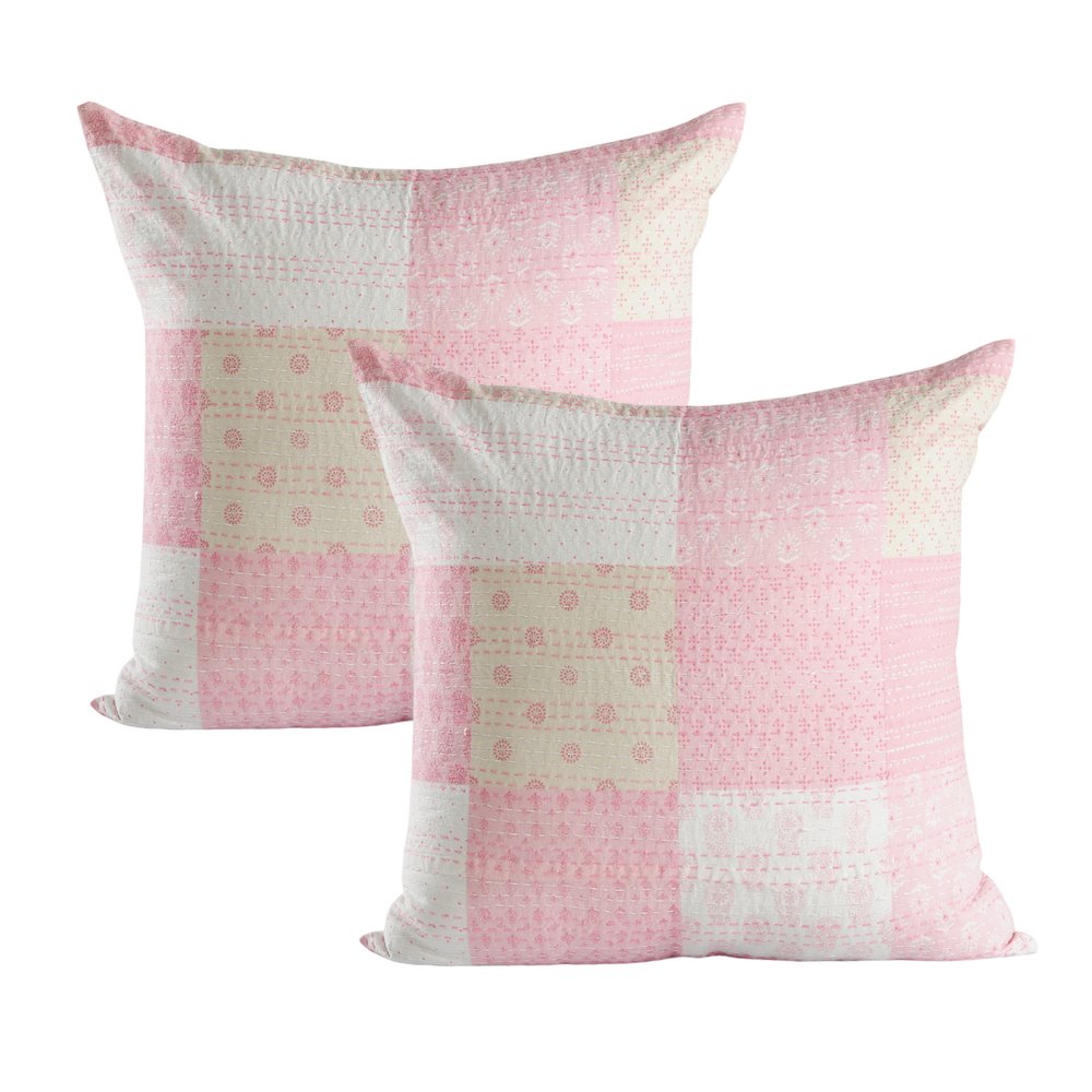 Set of Two 20" Pink And White Patchwork Cotton Throw Pillows — view 1